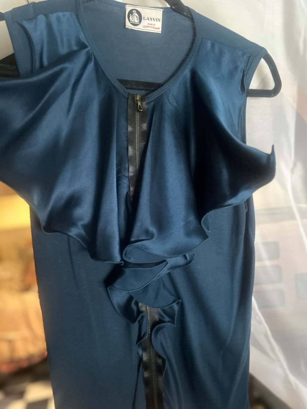Lanvin Paris Blue Silk Satin Ruffle Front Zip Sleeveless Top